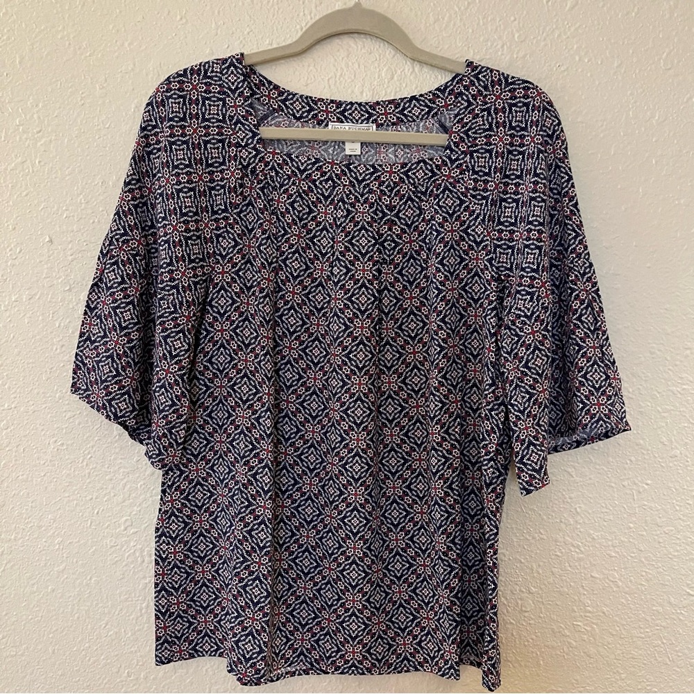 Dana Buchman NWT Navy White Red Geometric Print Bell Sleeve Boho Blouse Top S
